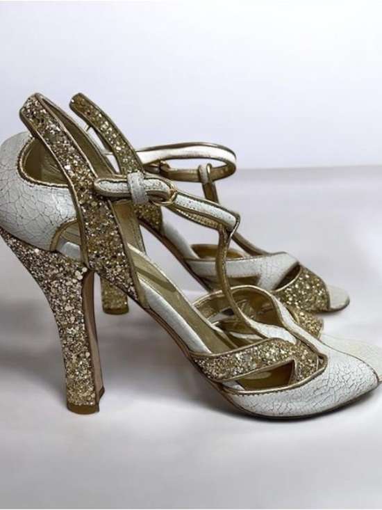 Miu Miu Shoes - Miu Miu.  Gold and White Glitter T-Strap High Heel Sandals Size 37.5
